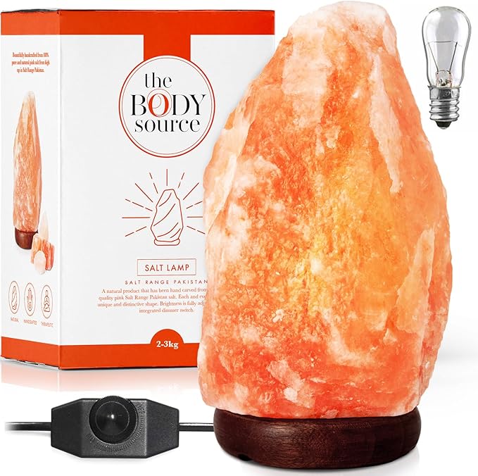 Salzlampe aus Pakistan mit Dimmer & Holzständer (2-3kg)