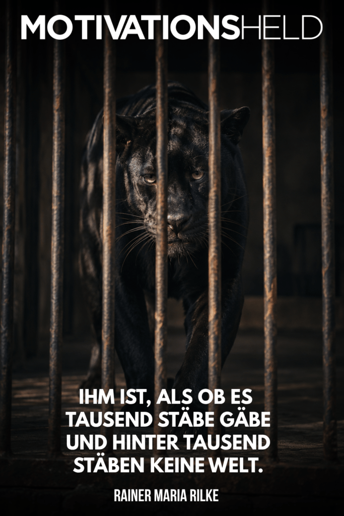 Zitatbild mit Versen aus Rilkes Gedicht Der Panther: Ihm ist, als ob es tausend Stäbe gäbe und hinter tausend Stäben keine Welt.
