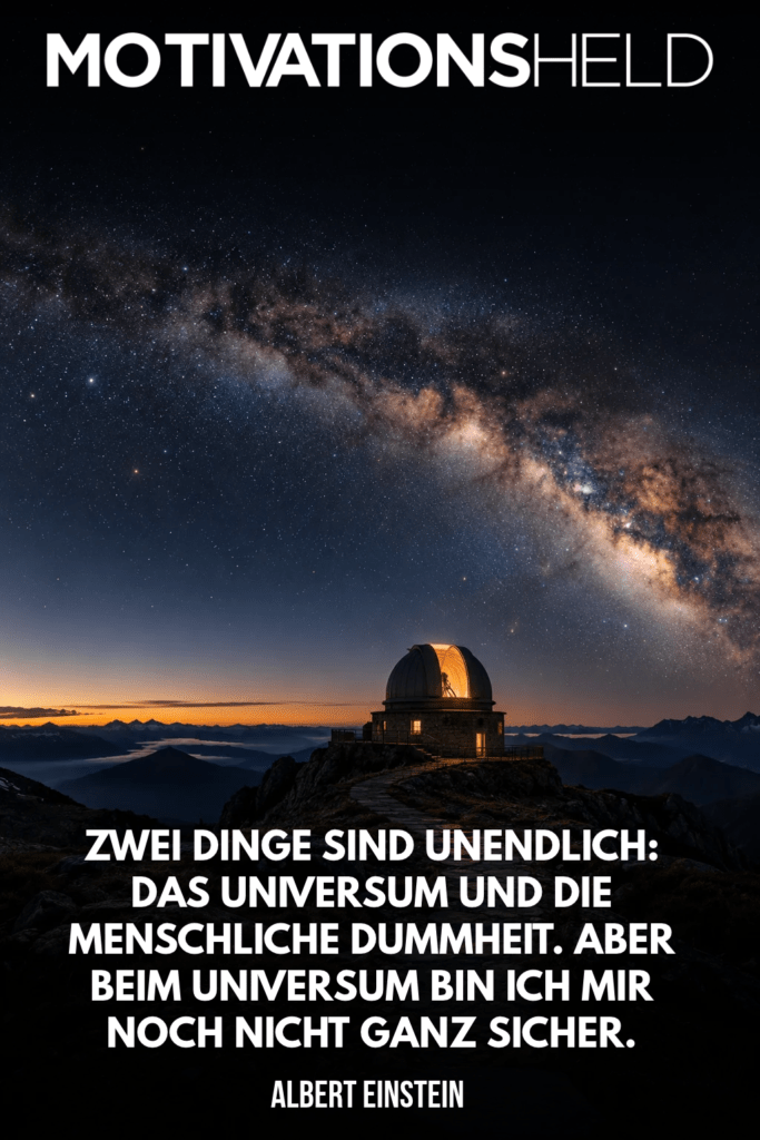 Einstein zugeschriebenes Zitat über Dummheit als Zitatbild: Zwei Dinge sind unendlich: das Universum und die menschliche Dummheit. Aber beim Universum bin ich mir noch nicht ganz sicher.