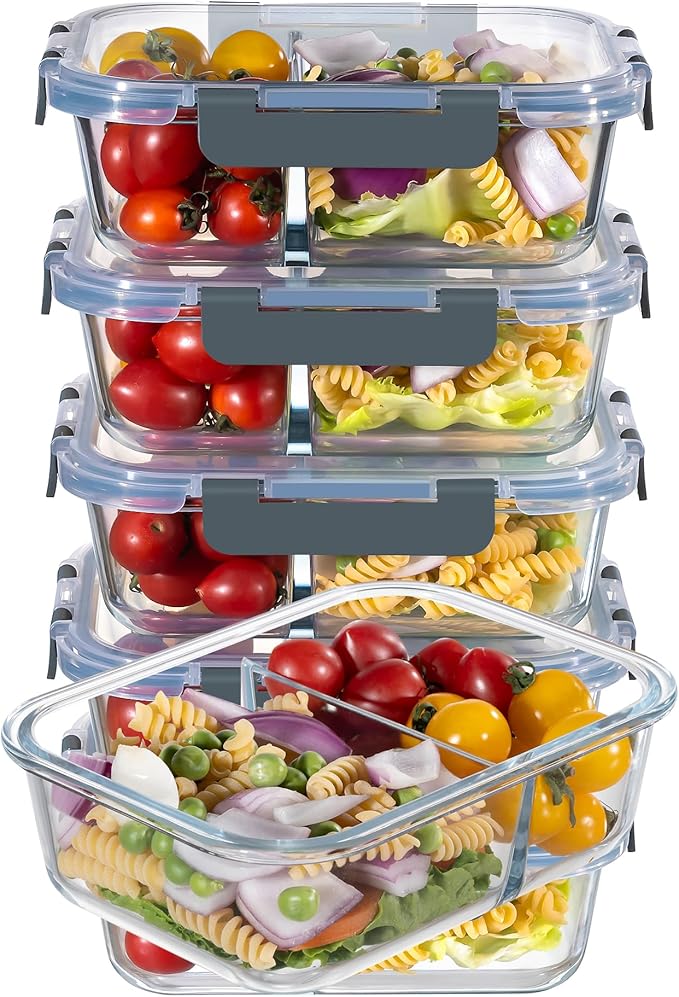 MFY Glas Meal Prep Boxen Set (5x 1L, 2 Fächer, mit Deckel)